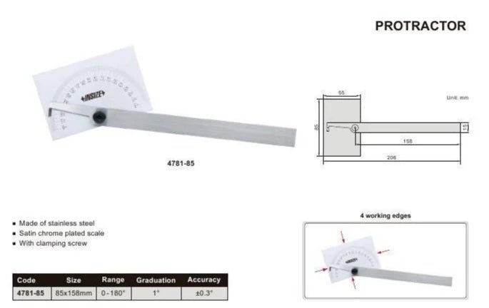 Insize 180° Protractor Range Series 4781-85A - INSIZE Australia