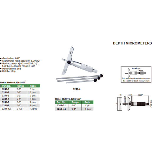 INSIZE Measuring Equipment Insize 1pc Imperial Depth Micrometer 0-1" Range Series 3241-1