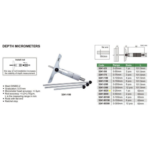 INSIZE Measuring Equipment Insize 1pc Metric Depth Micrometer 0-25mm Range Series 3241-B25