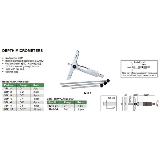 INSIZE Measuring Equipment Insize 3pc Imperial Depth Micrometer 0-3" Range Series 3241-3