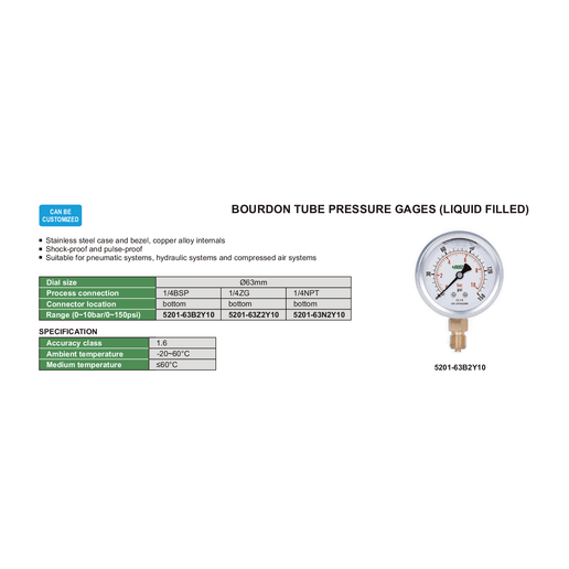INSIZE MEASURING EQUIPMENT Insize Bourdon Tube Pressure Gauge 1/4NPT 0–10 Bar Series 5201-63N2Y10