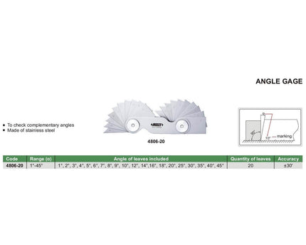INSIZE Measuring Equipment Insize Degree Angle Gauge 1°-45° Range Series 4806-20