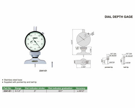 INSIZE Measuring Equipment Insize Dial Depth Gauge 0-1.2" Range Series 2341-E1