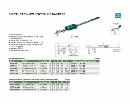 INSIZE Measuring Equipment Insize Digital Back-Jaw Caliper 10-300mm/0.4-12" Range Series 1177-300