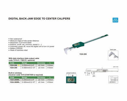 INSIZE MEASURING EQUIPMENT Insize Digital Back-Jaw Edge to Center Caliper Range Series 1524-200