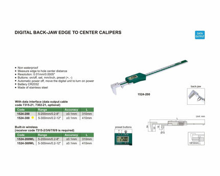 INSIZE MEASURING EQUIPMENT Insize Digital Back-Jaw Edge to Center Caliper Range Series 1524-300