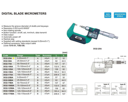 INSIZE Measuring Equipment Insize Digital Blade Micrometer 0-25mm/0-1" Range Series 3532-25A