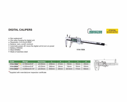 INSIZE Measuring Equipment Insize Digital Caliper 0-150mm/0-6" Range Series 1114-150A