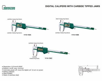 INSIZE Measuring Equipment Insize Digital Caliper TCT 0-150mm/0-6" Range Series 1110-150A