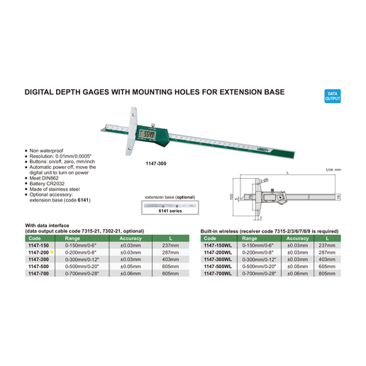 INSIZE Measuring Equipment Insize Digital Depth Gauge 0-200mm / 0-8" Range Series 1147-200