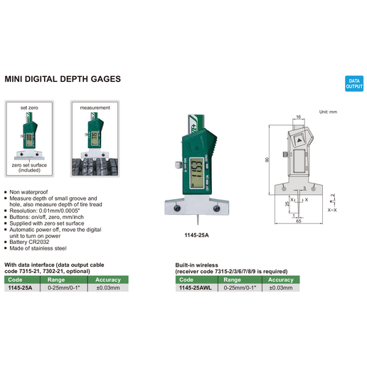 INSIZE Measuring Equipment Insize Digital Depth Gauge 0-25mm x 0.01mm Range Series 1145-25A