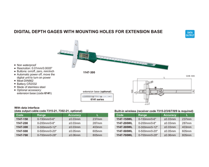 INSIZE Measuring Equipment Insize Digital Depth Gauge 0-300mm / 0-12" Range Series 1147-300