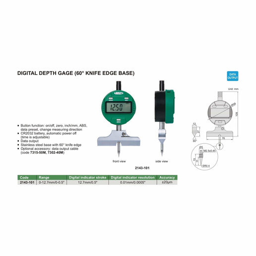 INSIZE Measuring Equipment Insize Digital Depth Gauge (60° Knife Edge Base) Range Series 2143-101