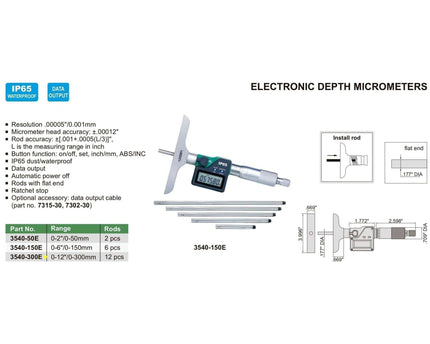 INSIZE Measuring Equipment Insize Digital Depth Micrometer 0-300mm/0-12" Range Series 3540-300E