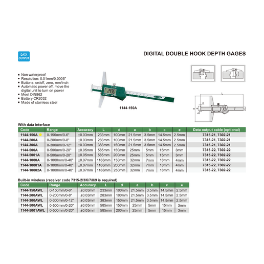 INSIZE Measuring Equipment Insize Digital Double Hook Depth Gauge 0-150mm / 0-6" Range Series 1144-150A