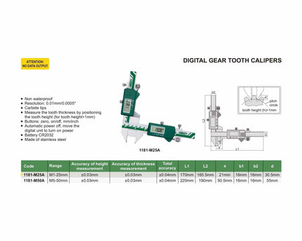 INSIZE Measuring Equipment Insize Digital Gear Tooth Caliper 1-25mm Range Series 1181-M25A