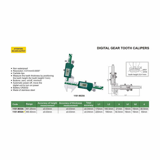 INSIZE Measuring Equipment Insize Digital Gear Tooth Caliper 5-50mm x 0.01mm Range Series 1181-M50A