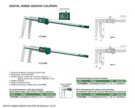 INSIZE Measuring Equipment INSIZE Digital Inside Groove Caliper  25 - 300 mm / 1.18-12"Range Series 1178-300