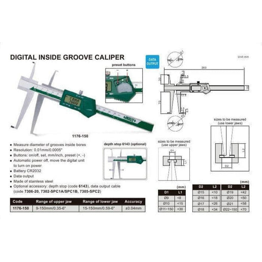 INSIZE Measuring Equipment INSIZE Digital Inside Groove Caliper  9 - 150mm / 0.35-6""Range Series 1176-150