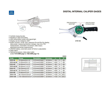 INSIZE Measuring Equipment Insize Digital Internal Caliper Gauge 15-35mm/0.6-1.4" Range Series 2151-35