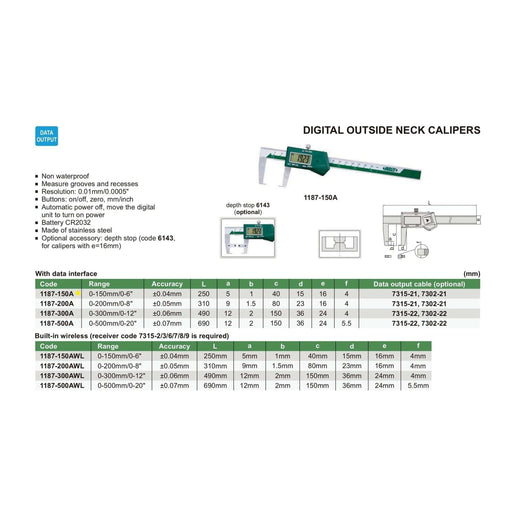 INSIZE Measuring Equipment Insize Digital Neck Caliper 0-150mm/0-6" Range Series 1187-150A