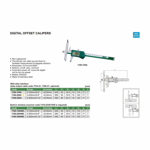 INSIZE Measuring Equipment Insize Digital Offset Caliper 0-200mm/0-8" Range Series 1186-200A
