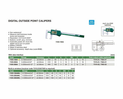 INSIZE Measuring Equipment Insize Digital Outside Point Caliper 0-150mm/0-6" Range Series 1185-150A