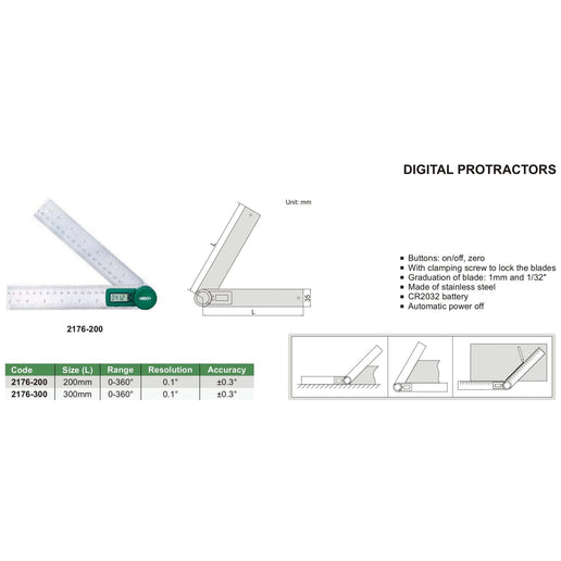 INSIZE Measuring Equipment Insize Digital Protractor 200mm 0-360° Range Series 2176-200