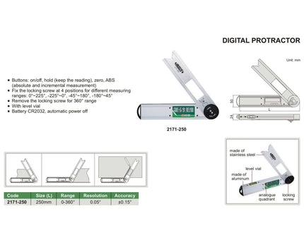 INSIZE Measuring Equipment Insize Digital Protractor 250mm 0-360° Range Series 2171-250