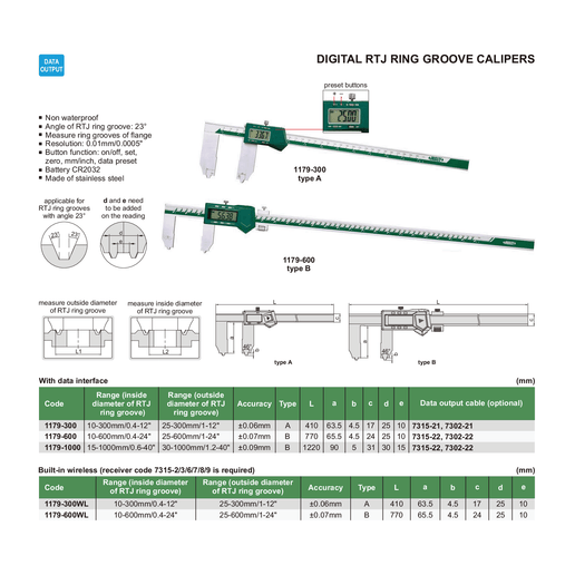 INSIZE Measuring Equipment Insize Digital RTJ Ring Groove Caliper 0-300mm/0.4-12" Range Series 1179-300