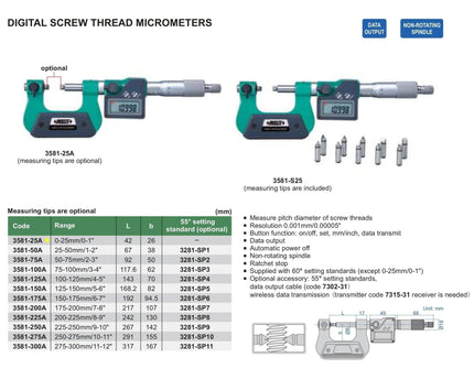 INSIZE Measuring Equipment Insize Digital Screw Thread Micrometer 25-50mm Range Series 3581-50A