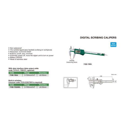 INSIZE Measuring Equipment Insize Digital Scribing Caliper 0-150mm/0-6" Range Series 1166-150A