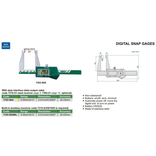 INSIZE Measuring Equipment Insize Digital Snap Gauge 0-50mm/0-2" Range Series 1163-50A