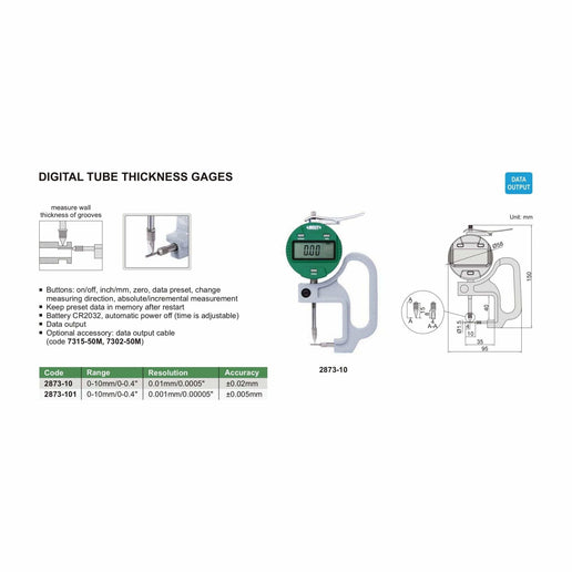 INSIZE Measuring Equipment Insize Digital Thickness Gauge 0-10mm/0-0.4" Range Series 2873-10