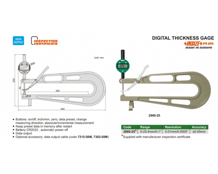 INSIZE Measuring Equipment Insize Digital Thickness Gauge 0–25 mm Range Series 2860-25