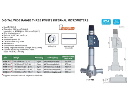 INSIZE Manufacturing Insize Digital Three Points Micrometer Set 50-70mm/ 1.97-2.76" Range Series 3128-70