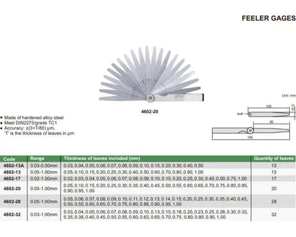 INSIZE MEASURING EQUIPMENT Insize Feeler Gauge 13pc Set 0.03-0.50mm Range Series 4602-13A
