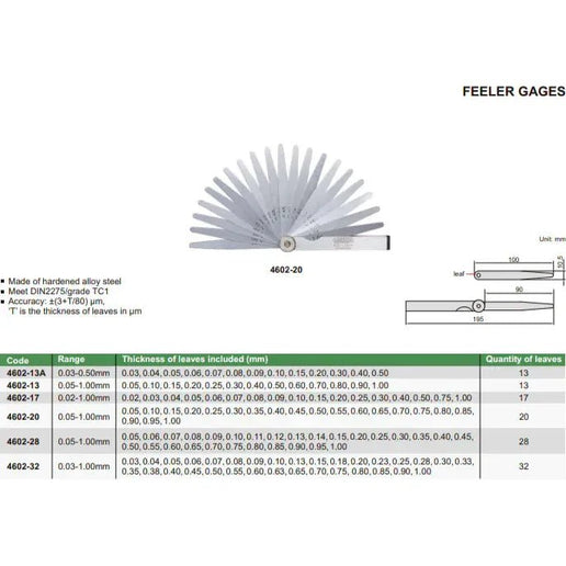 INSIZE MEASURING EQUIPMENT Insize Feeler Gauge 13pc Set 0.03-0.50mm Range Series 4602-13A