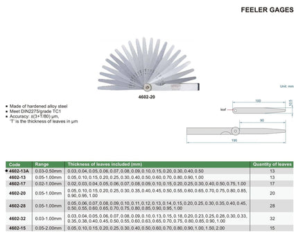 INSIZE MEASURING EQUIPMENT Insize Feeler Gauge 13pc Set 0.03-0.50mm Range Series 4602-13A