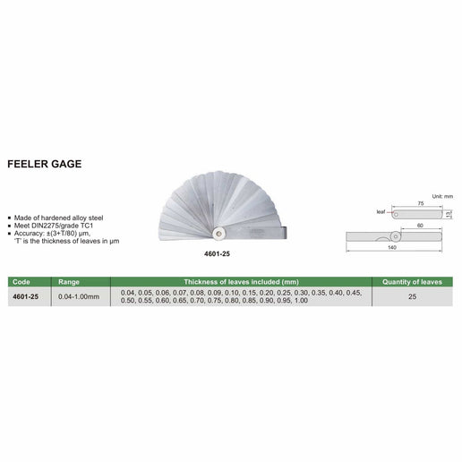 INSIZE Measuring Equipment Insize Feeler Gauge Set 0.04-1mm Range Series 4601-25