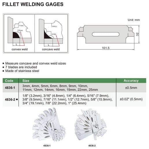 INSIZE Measuring Equipment Insize Fillet Weld Gauge Series 4836-2