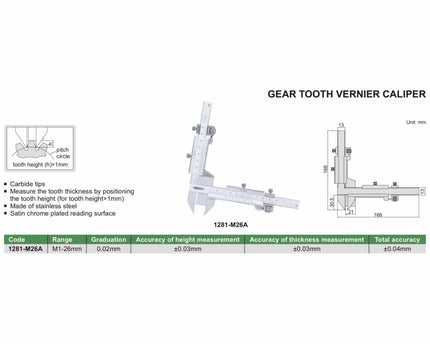 INSIZE Measuring Equipment Insize Gear Tooth Vernier Caliper Range Series 1281-M26A