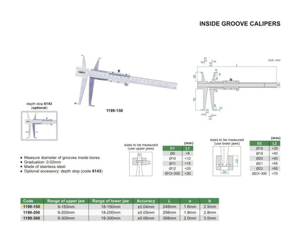 INSIZE MEASURING EQUIPMENT Insize Groove Caliper 11-150mm Range Series 1199-150