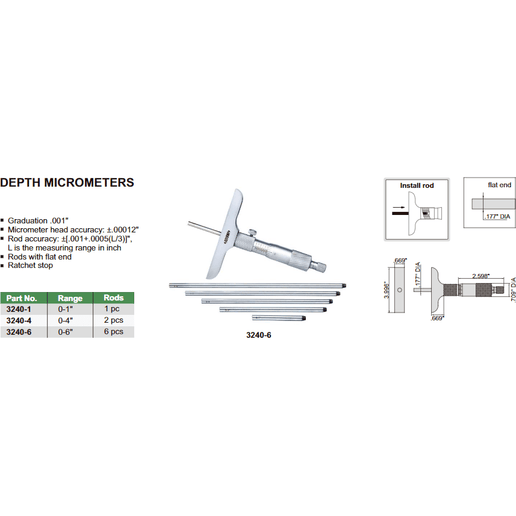 INSIZE Measuring Equipment Insize Imperial Depth Micrometer 0-1" Range Series 3240 - 1