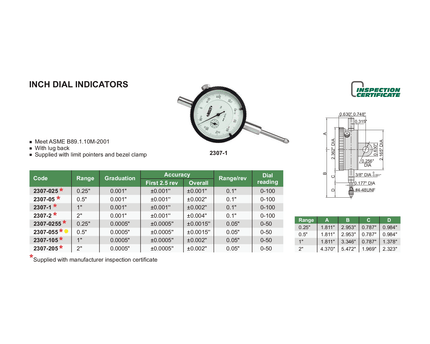 INSIZE Measuring Equipment Insize Imperial Lug Back Dial Indicator 0.5" Range Series 2307-055