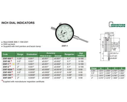 Insize Imperial Lug Back Dial Indicator 1" Range Series 2307-1 - INSIZE Australia