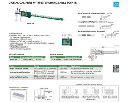 INSIZE Measuring Equipment Insize Interchangeable Point Digital Caliper Range Series 1526-200