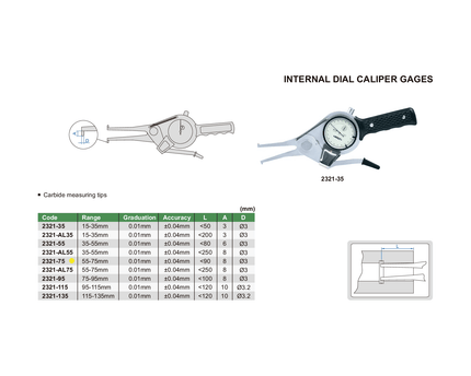 INSIZE Measuring Equipment Insize Internal Dial Caliper Gauge 55-75mm Range Series 2321-75