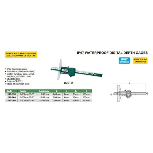 INSIZE Measuring Equipment Insize IP67 Digital Depth Gauge 0-150mm / 0-6" Range Series 1149-150