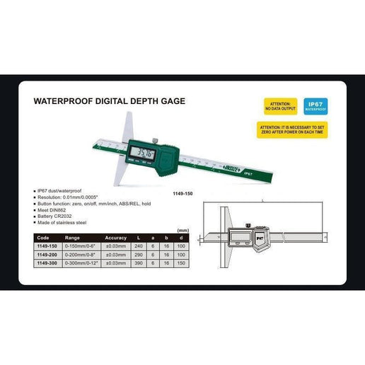 INSIZE Measuring Equipment Insize IP67 Digital Depth Gauge 0-200mm / 0-8" Range Series 1149-200